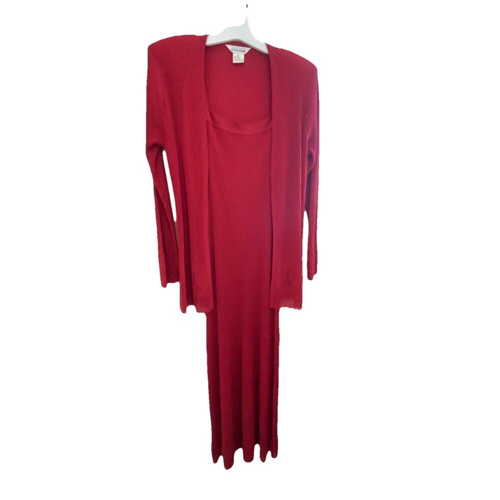 Misook Womens 2PC Red Dress Ribbed Long Line Cardigan Knit
